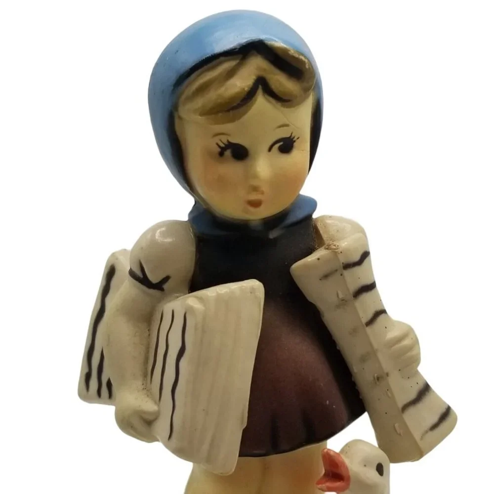 Vintage Plastic Figurine Girl with Duck Figure Made in Hong Kong Blue Scarf